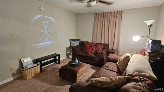 living room featuring ceiling fan and carpet floors