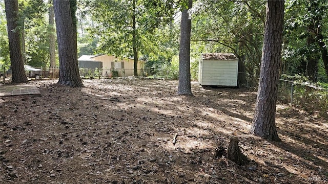 view of yard featuring a storage shed