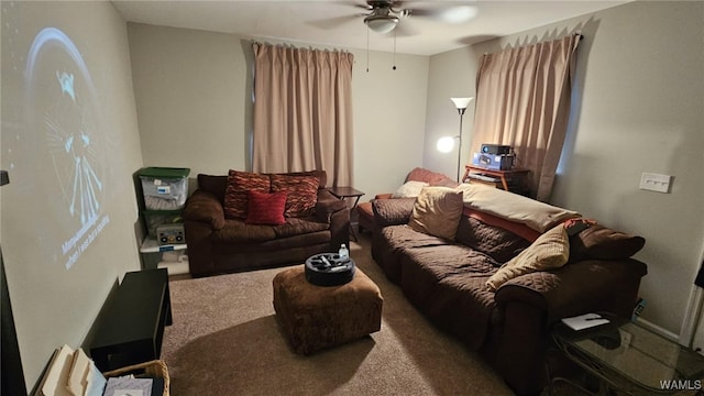 carpeted living room with ceiling fan