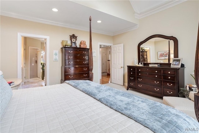 bedroom featuring ornamental molding and recessed lighting