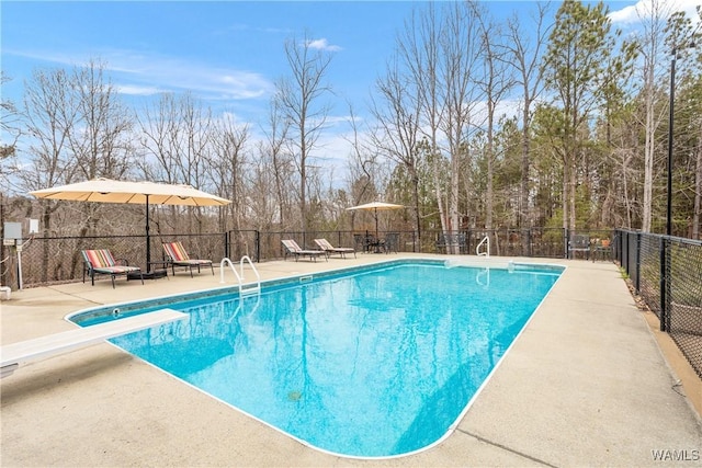 view of pool featuring a patio, fence, and a fenced in pool