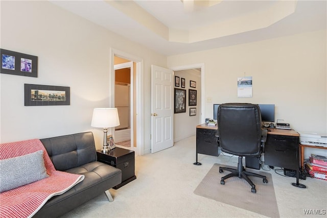 office space featuring a raised ceiling and light carpet