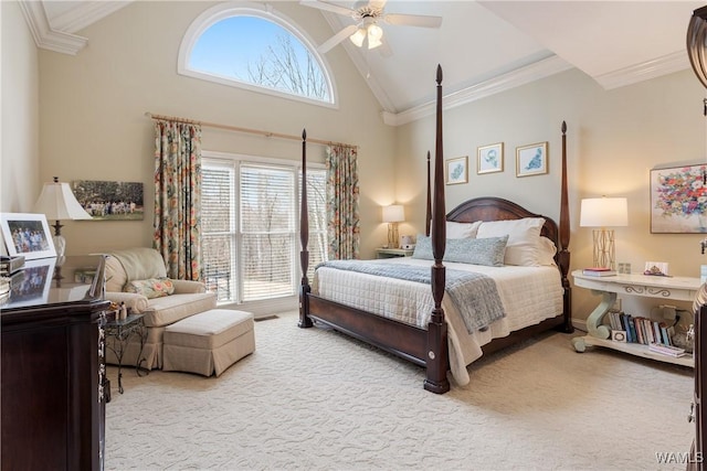 bedroom with light colored carpet, crown molding, and multiple windows