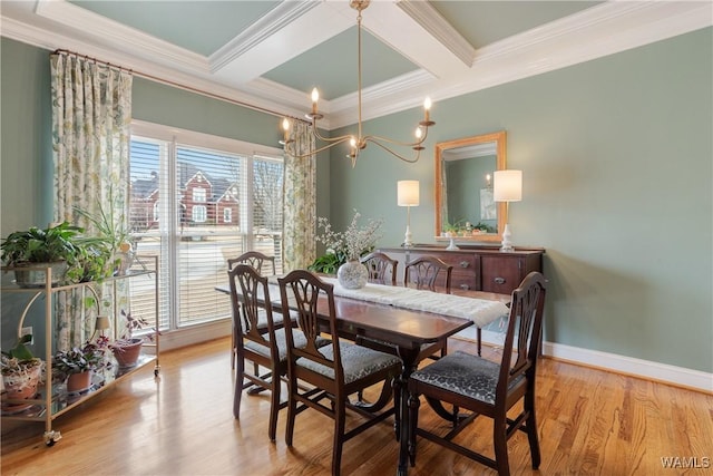 dining room featuring baseboards, coffered ceiling, crown molding, light wood-type flooring, and a notable chandelier