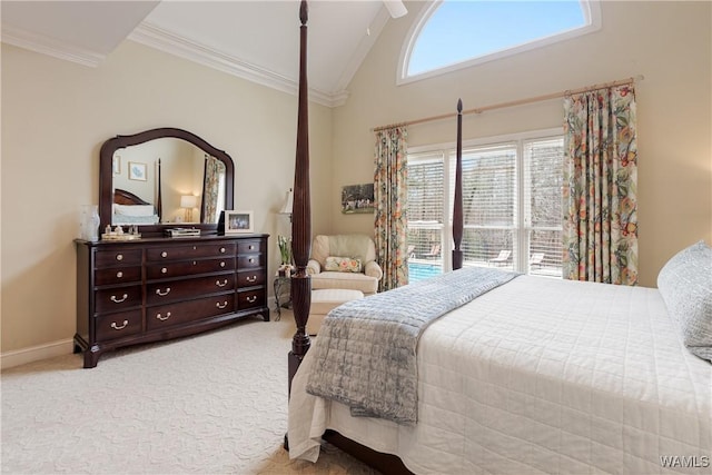 bedroom featuring ceiling fan, high vaulted ceiling, light colored carpet, baseboards, and ornamental molding