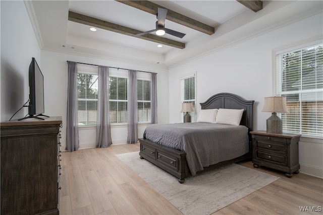 bedroom with light hardwood / wood-style floors, multiple windows, and ceiling fan