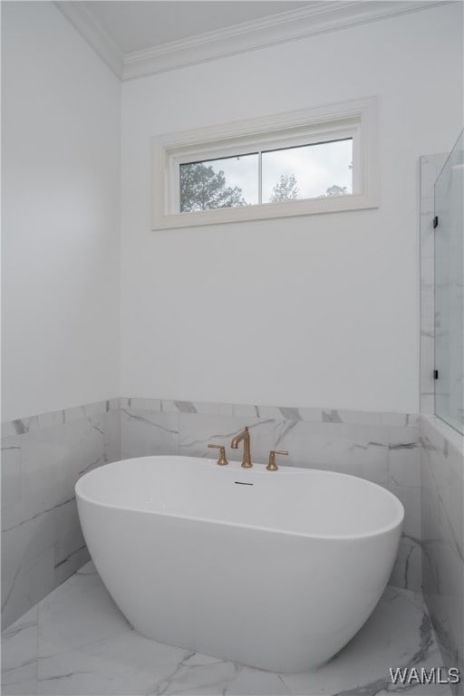 bathroom featuring crown molding, a bathtub, a healthy amount of sunlight, and tile walls