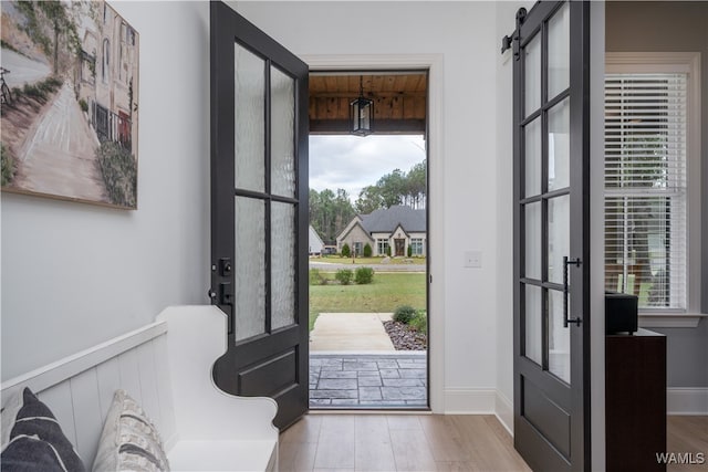 entryway with french doors, light hardwood / wood-style flooring, and plenty of natural light