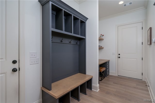 mudroom featuring light hardwood / wood-style floors and ornamental molding