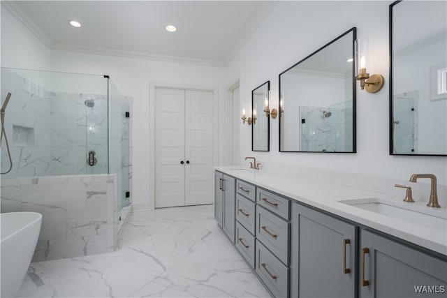 bathroom featuring vanity, crown molding, independent shower and bath, and tile walls