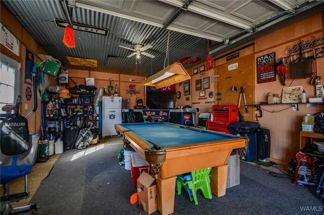 recreation room with pool table and ceiling fan