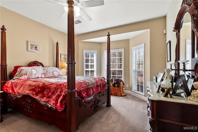 carpeted bedroom featuring ceiling fan