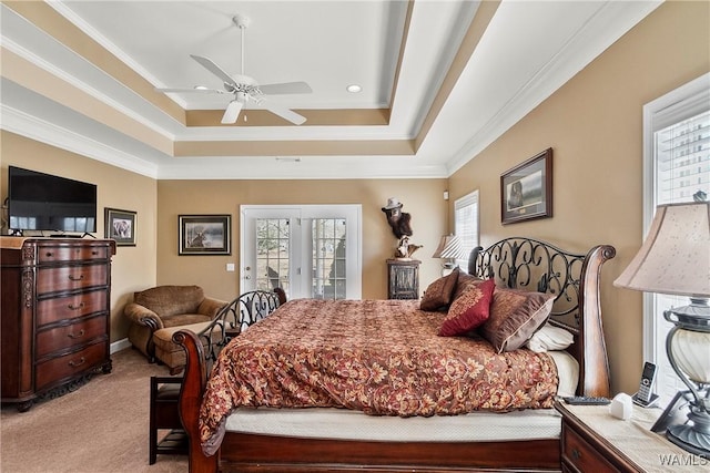 bedroom featuring access to outside, a raised ceiling, multiple windows, and light carpet