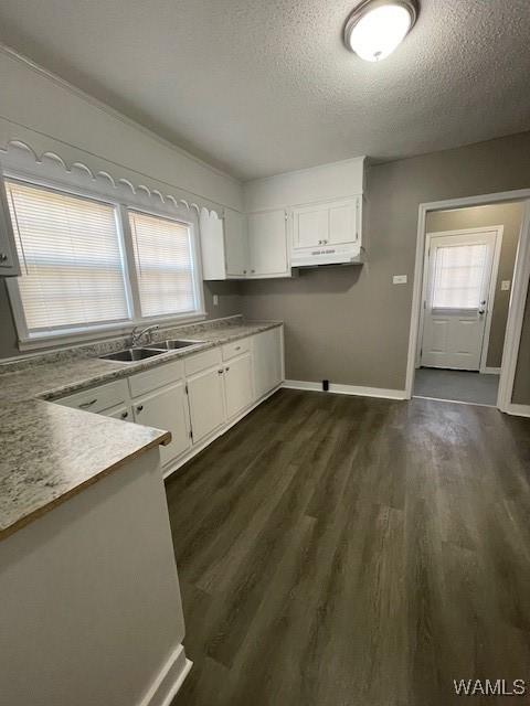 kitchen featuring a sink, a healthy amount of sunlight, white cabinets, light countertops, and dark wood-style floors