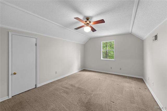 12863 N Country Dr, Tuscaloosa, AL 35475 - additional living space featuring a textured ceiling, ceiling fan, lofted ceiling, and carpet