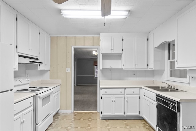 kitchen featuring white cabinets, white appliances, sink, and exhaust hood