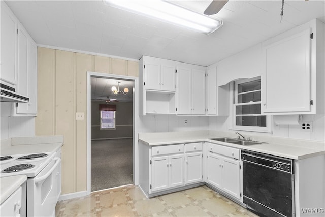 kitchen featuring white range with electric cooktop, black dishwasher, white cabinetry, and sink