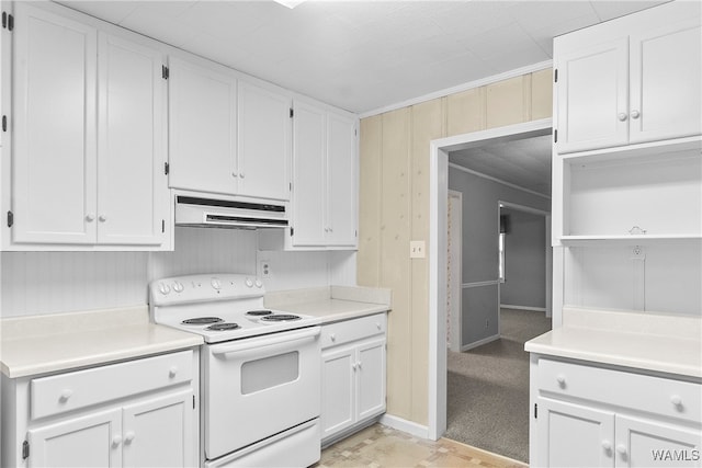 kitchen with white cabinets, white range with electric stovetop, and ornamental molding