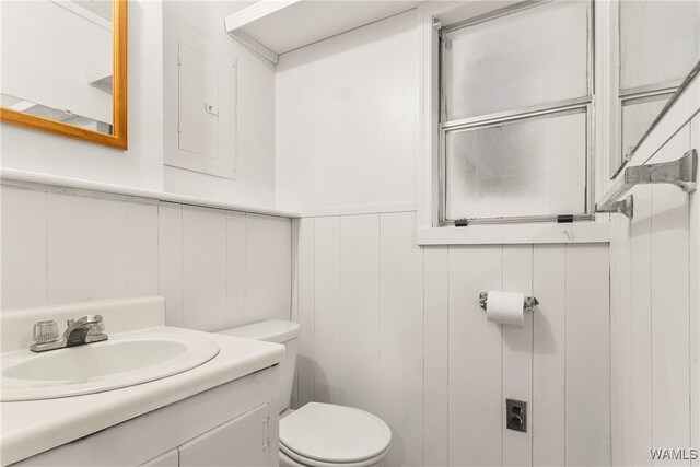 bathroom with vanity, wood walls, and toilet