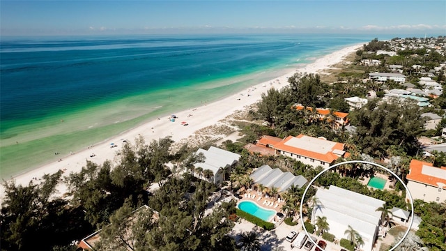 aerial view featuring a beach view and a water view