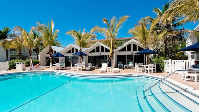 view of swimming pool featuring a patio