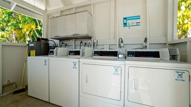 laundry room featuring gas water heater, hookup for an electric dryer, and washing machine and clothes dryer