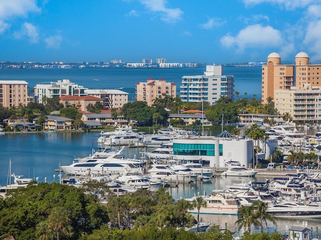 birds eye view of property featuring a water view