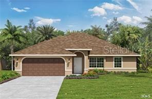 ranch-style home featuring a front lawn and a garage