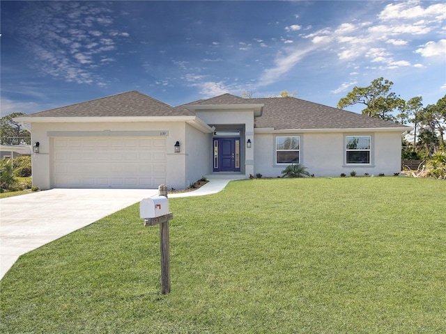 ranch-style house with stucco siding, a shingled roof, concrete driveway, a front yard, and a garage