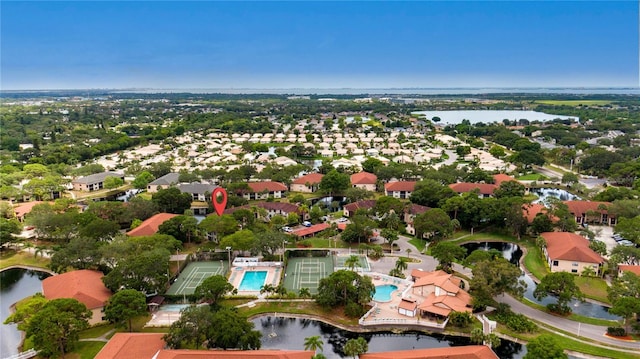 drone / aerial view featuring a water view