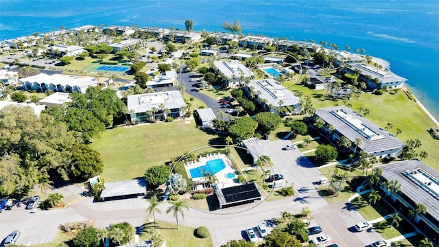 drone / aerial view featuring a water view