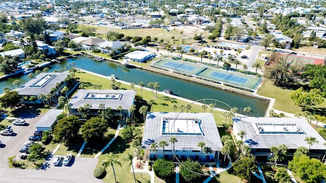 bird's eye view with a water view