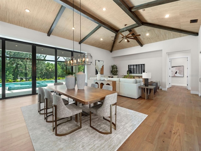 dining area with beam ceiling, high vaulted ceiling, wood ceiling, and light hardwood / wood-style floors