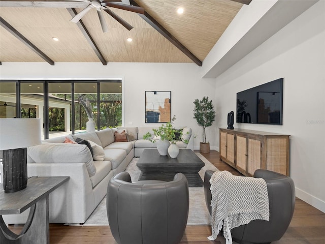 living room with lofted ceiling with beams, wood-type flooring, ceiling fan, and wood ceiling