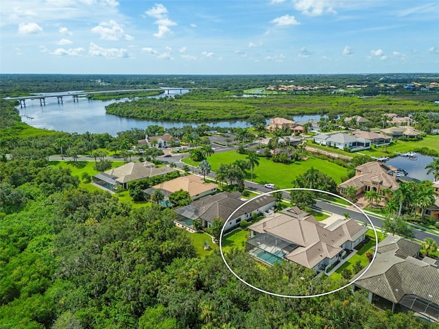 aerial view featuring a water view