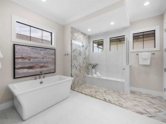 bathroom with crown molding and plus walk in shower