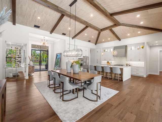 dining room featuring dark hardwood / wood-style flooring, high vaulted ceiling, and wooden ceiling