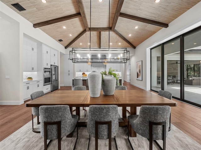 dining room featuring beamed ceiling, an inviting chandelier, light hardwood / wood-style floors, and wooden ceiling