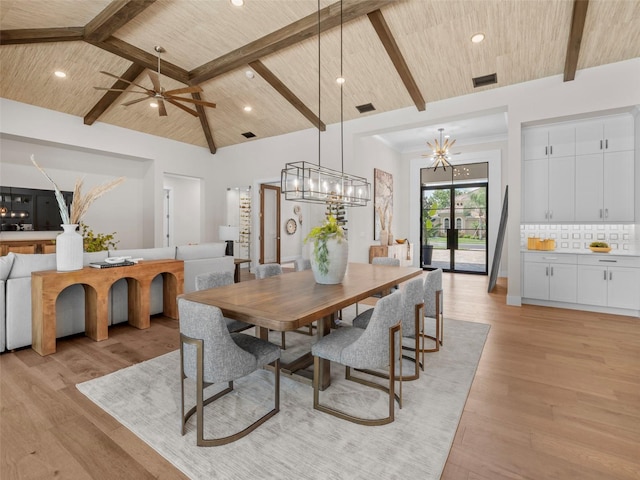 dining area with high vaulted ceiling, light hardwood / wood-style flooring, wood ceiling, beam ceiling, and french doors