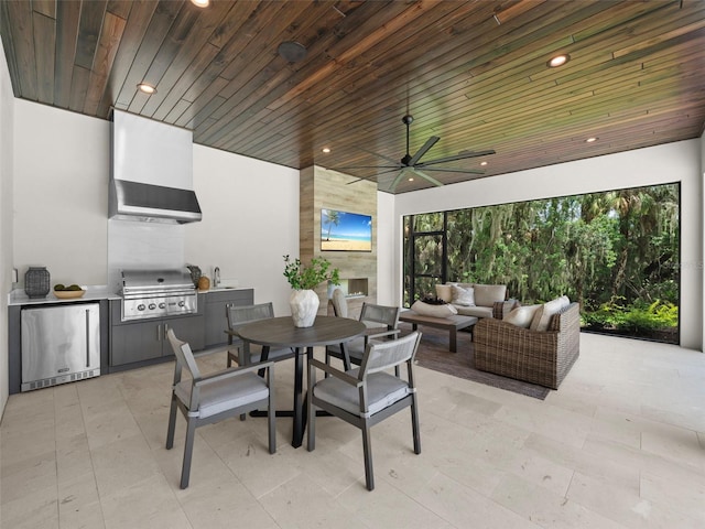 view of patio / terrace featuring area for grilling, an outdoor hangout area, and ceiling fan