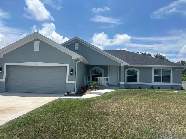 ranch-style home with a porch, a garage, and a front lawn