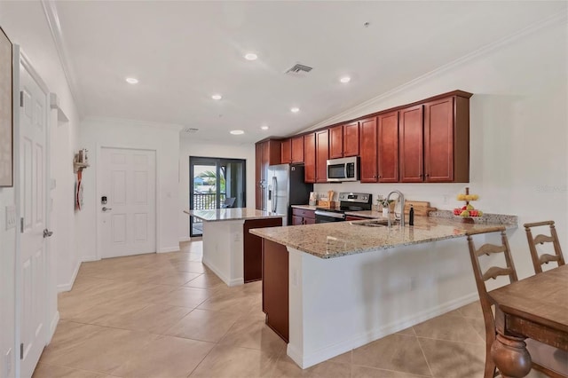 kitchen featuring light stone countertops, sink, kitchen peninsula, crown molding, and appliances with stainless steel finishes