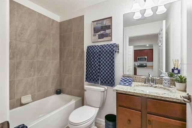 full bathroom featuring bathtub / shower combination, vanity, and toilet