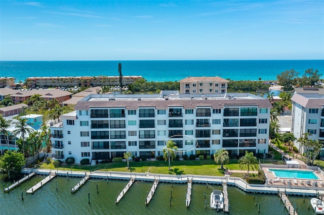 aerial view featuring a water view