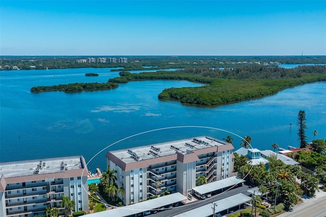 aerial view featuring a water view