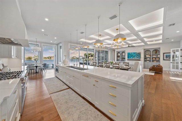 kitchen featuring white cabinets, hardwood / wood-style floors, decorative light fixtures, and a spacious island