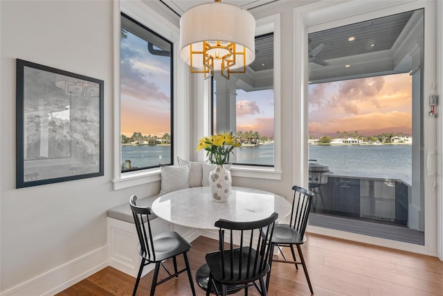 dining area featuring a chandelier, wood-type flooring, and a water view