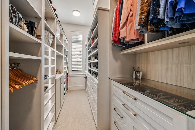 walk in closet with light carpet