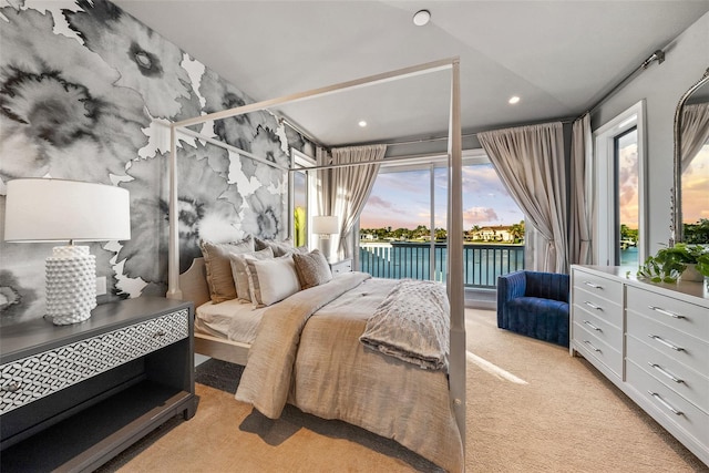 bedroom featuring access to outside, multiple windows, and light colored carpet