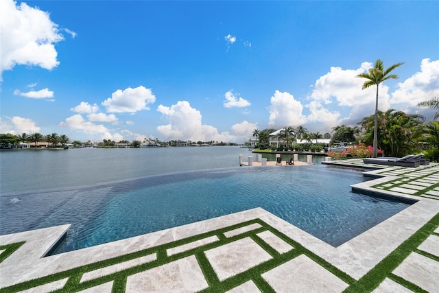 view of pool featuring a water view